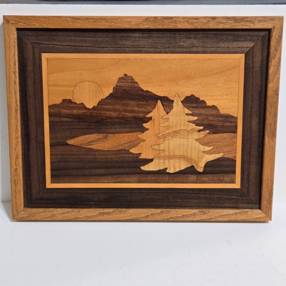Wood Garden Marquetry Wood Inlay Wall Art 10x12 Brown Mountain Landscape Trees